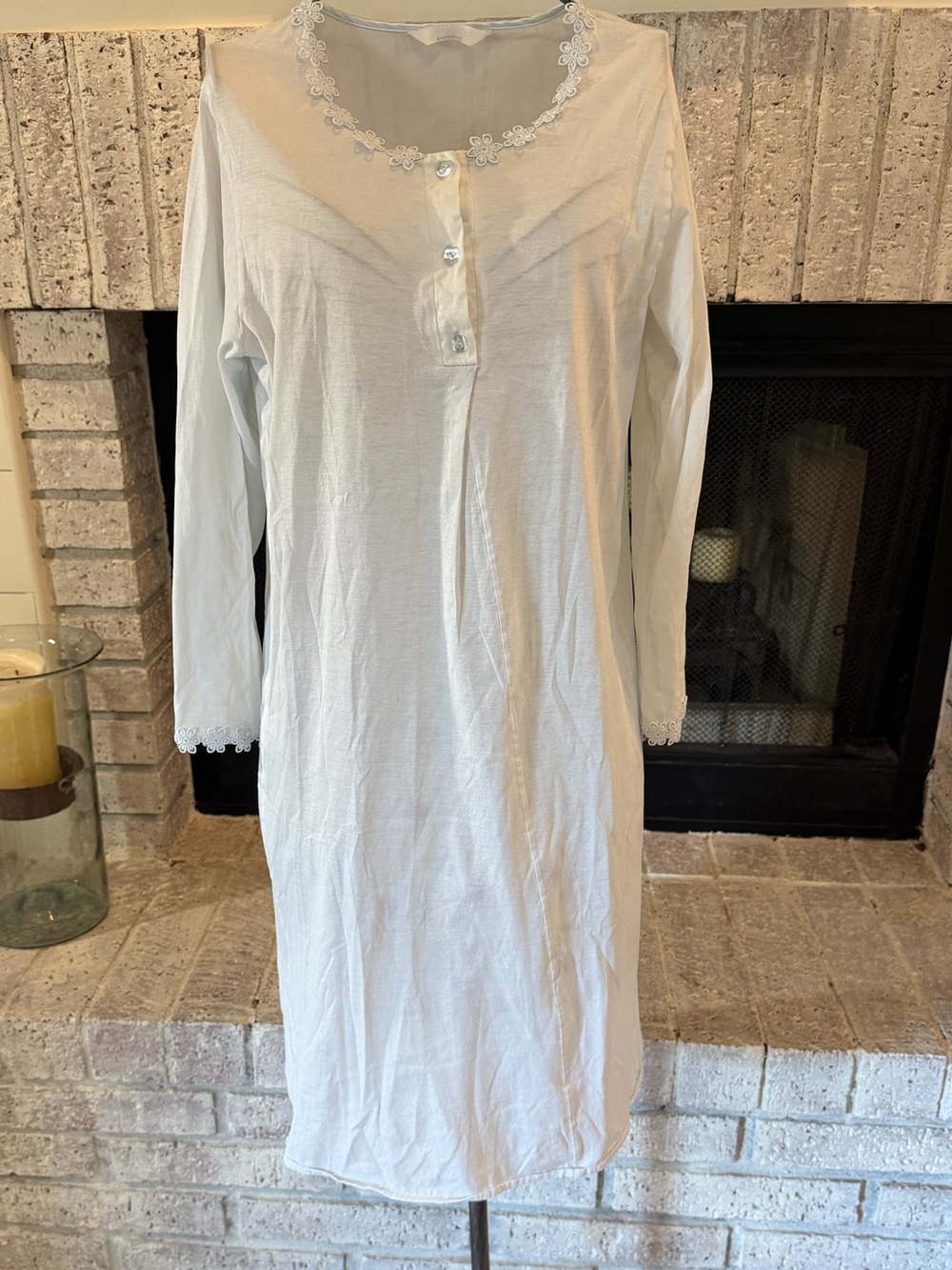 HANRO Switzerland Nightgown XS Pale Blue 100% Cotton Lace Made Portugal Vintage